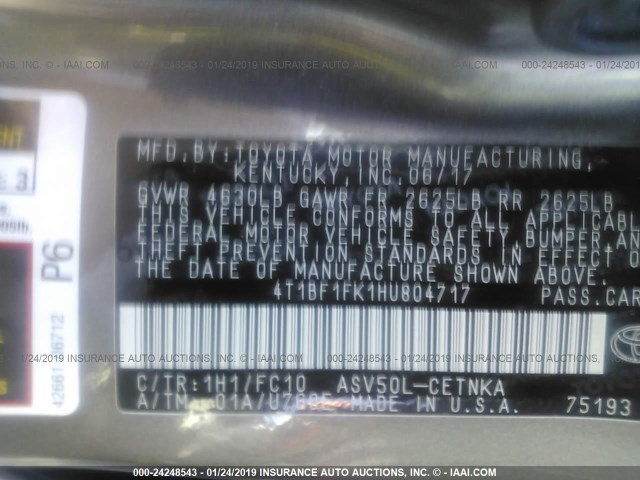 4T1BF1FK1HU804717 - 2017 TOYOTA CAMRY LE/XLE/SE/XSE GRAY photo 9