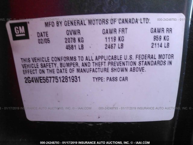 2G4WE567751281931 - 2005 BUICK LACROSSE CXS GRAY photo 9