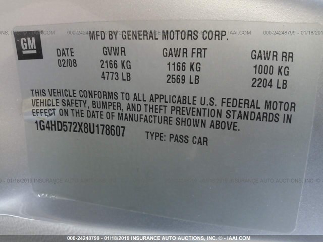 1G4HD572X8U178607 - 2008 BUICK LUCERNE CXL SILVER photo 9