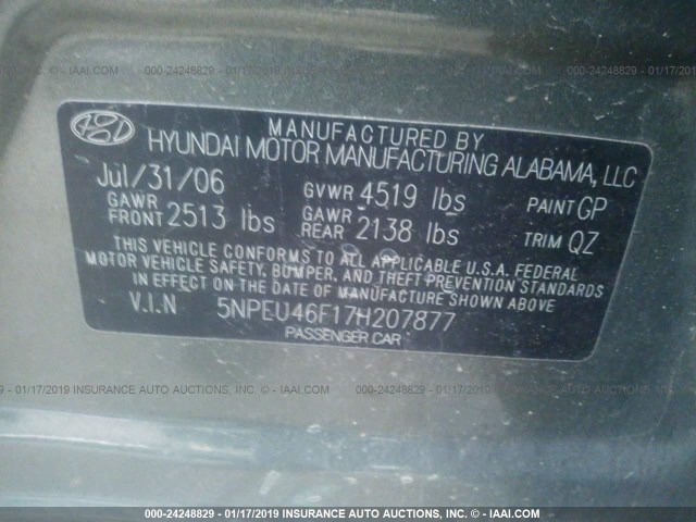 5NPEU46F17H207877 - 2007 HYUNDAI SONATA SE/LIMITED GREEN photo 9