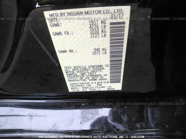 1N4AL3AP7HC218459 - 2017 NISSAN ALTIMA 2.5/S/SV/SL/SR BLACK photo 9