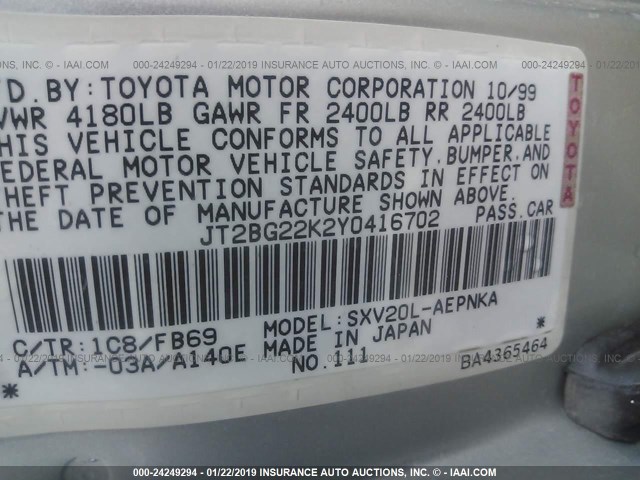 JT2BG22K2Y0416702 - 2000 TOYOTA CAMRY CE/LE/XLE SILVER photo 9