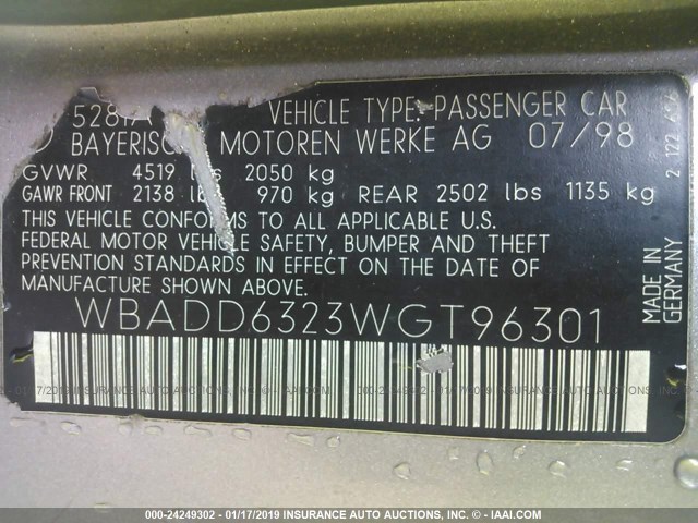 WBADD6323WGT96301 - 1998 BMW 528 I AUTOMATIC SILVER photo 9