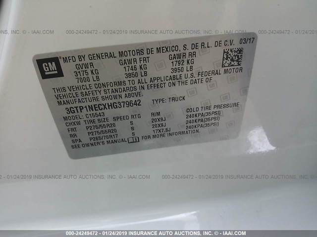 3GTP1NECXHG379642 - 2017 GMC SIERRA C1500 SLT WHITE photo 9