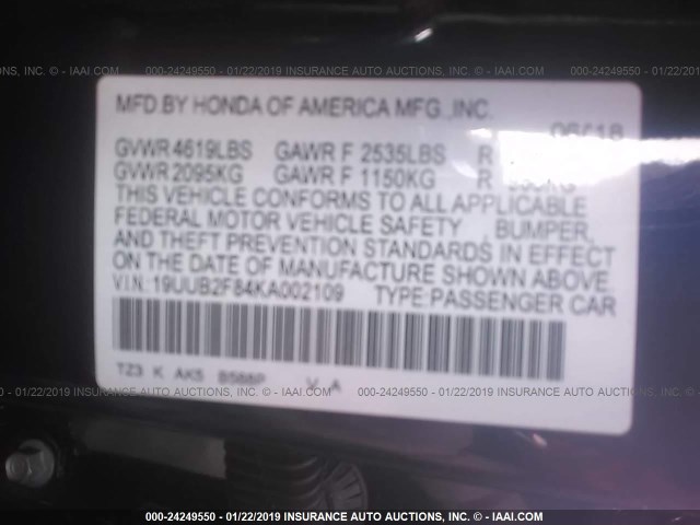 19UUB2F84KA002109 - 2019 ACURA TLX BLUE photo 9