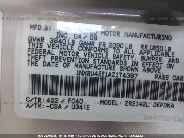 1NXBU4EE1AZ174397 - 2010 TOYOTA COROLLA S/LE/XLE GOLD photo 9