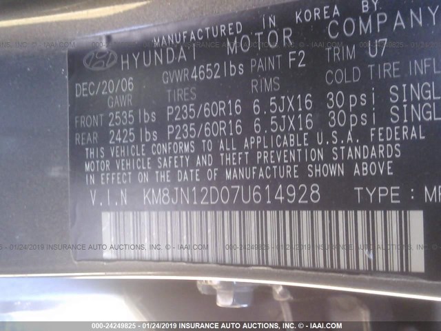 KM8JN12D07U614928 - 2007 HYUNDAI TUCSON SE/LIMITED GRAY photo 9