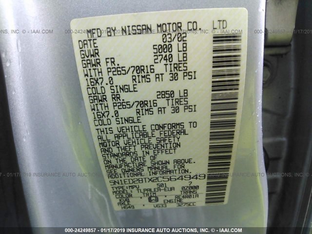 5N1ED28TX2C564949 - 2002 NISSAN XTERRA XE/SE SILVER photo 8