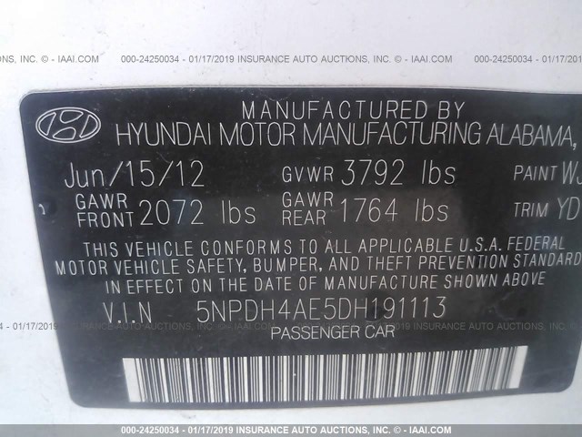 5NPDH4AE5DH191113 - 2013 HYUNDAI ELANTRA GLS/LIMITED WHITE photo 9