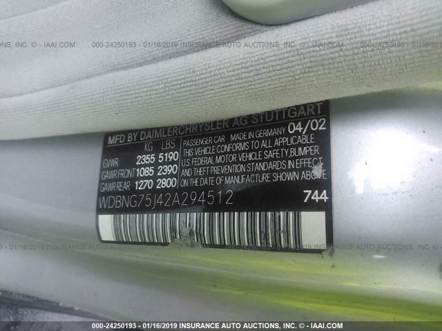 WDBNG75J42A294512 - 2002 MERCEDES-BENZ S 500 SILVER photo 9