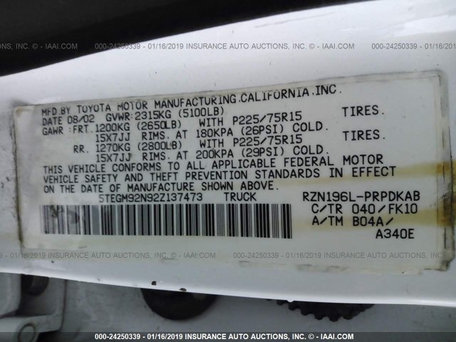 5TEGM92N92Z137473 - 2002 TOYOTA TACOMA DOUBLE CAB PRERUNNER WHITE photo 9