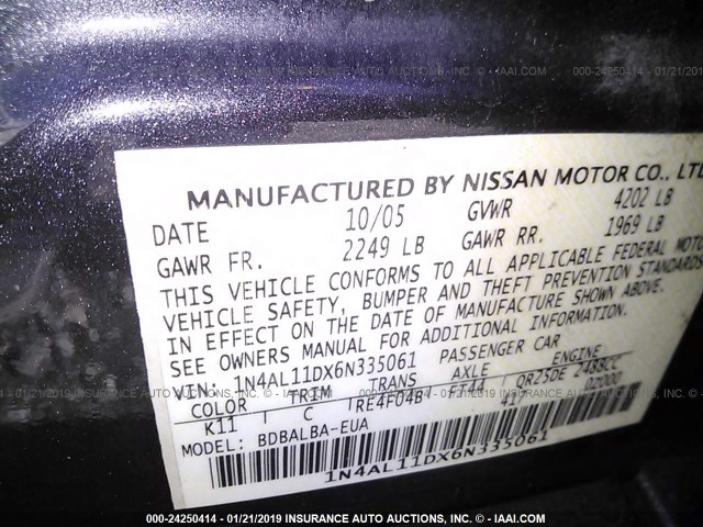 1N4AL11DX6N335061 - 2006 NISSAN ALTIMA S/SL GRAY photo 9