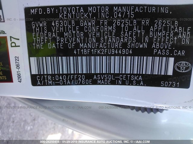 4T1BF1FK2FU944904 - 2015 TOYOTA CAMRY LE/XLE/SE/XSE 白色 照片 9