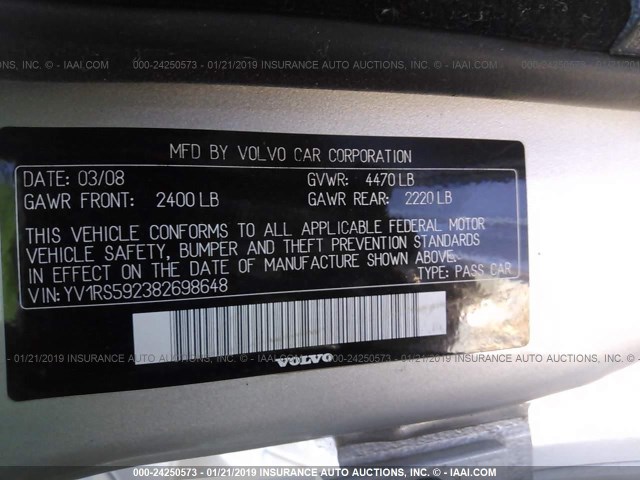 YV1RS592382698648 - 2008 VOLVO S60 2.5T SILVER photo 9