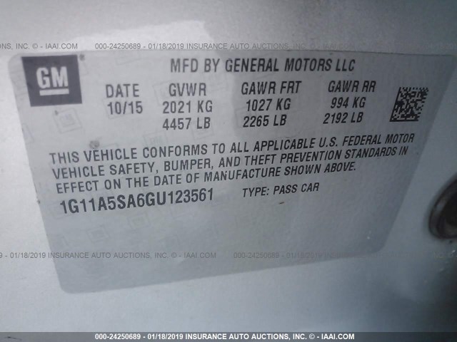 1G11A5SA6GU123561 - 2016 CHEVROLET MALIBU LIMITED LS SILVER photo 9