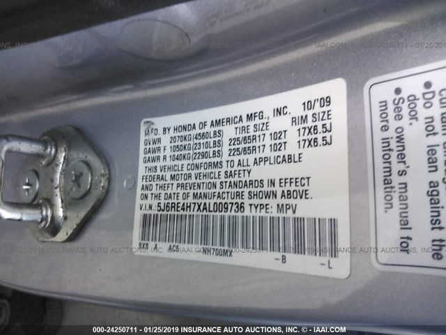 5J6RE4H7XAL009736 - 2010 HONDA CR-V EXL SILVER photo 9