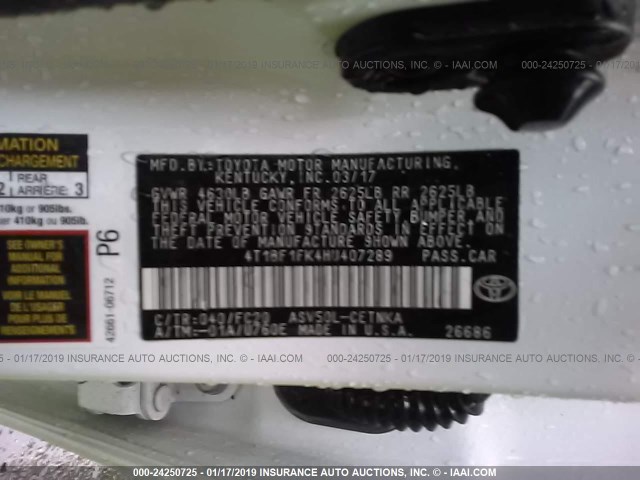 4T1BF1FK4HU407289 - 2017 TOYOTA CAMRY LE/XLE/SE/XSE WHITE photo 9