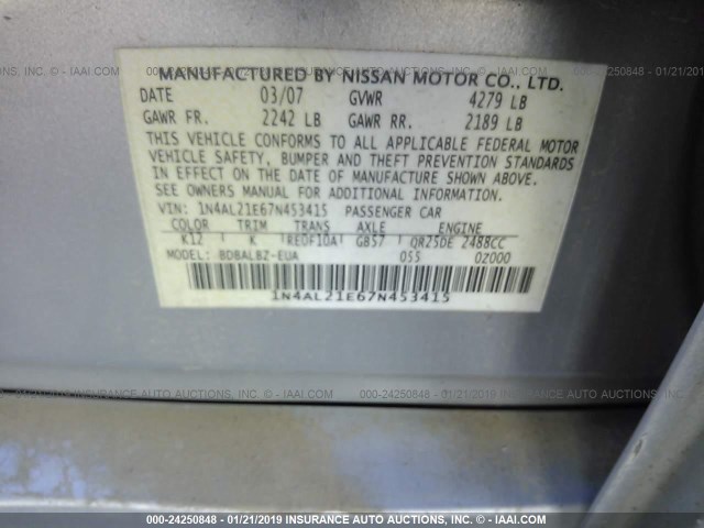 1N4AL21E67N453415 - 2007 NISSAN ALTIMA 2.5/2.5S GRAY photo 9