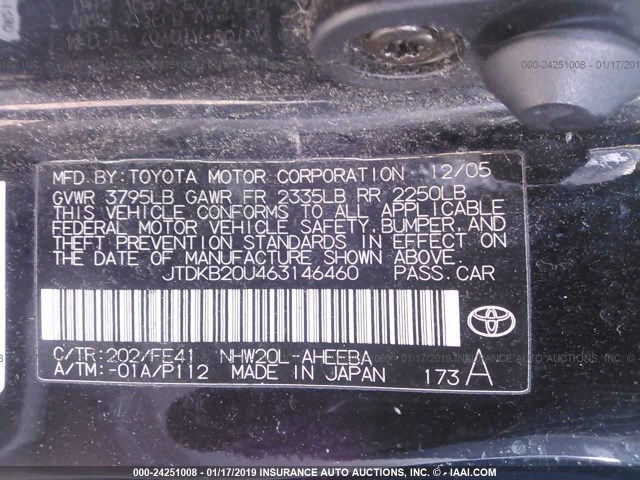 JTDKB20U463146460 - 2006 TOYOTA PRIUS BLACK photo 9