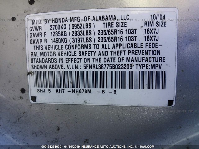 5FNRL38775B023205 - 2005 HONDA ODYSSEY EXL SILVER photo 9