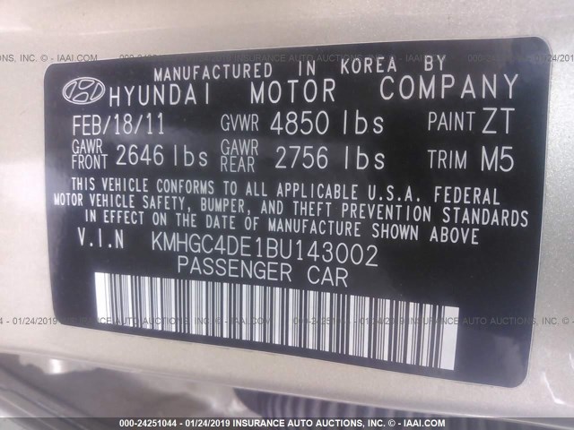 KMHGC4DE1BU143002 - 2011 HYUNDAI GENESIS 3.8L GOLD photo 9