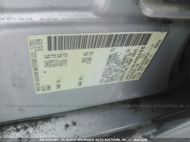 1N4AL21E29N496698 - 2009 NISSAN ALTIMA 2.5/2.5S SILVER photo 9