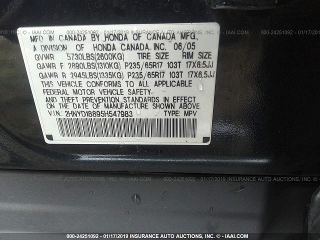 2HNYD18895H547983 - 2005 ACURA MDX TOURING BLACK photo 9