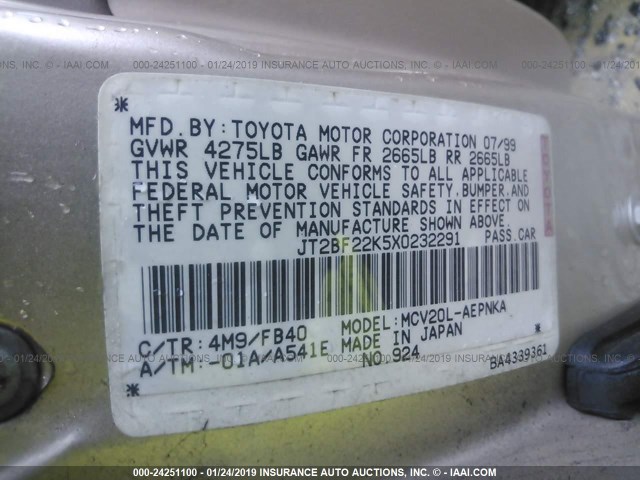 JT2BF22K5X0232291 - 1999 TOYOTA CAMRY LE/XLE TAN photo 9
