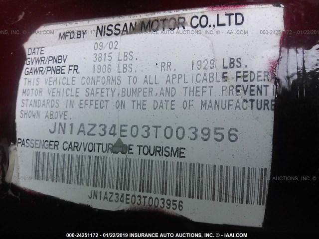 JN1AZ34E03T003956 - 2003 NISSAN 350Z COUPE RED photo 9