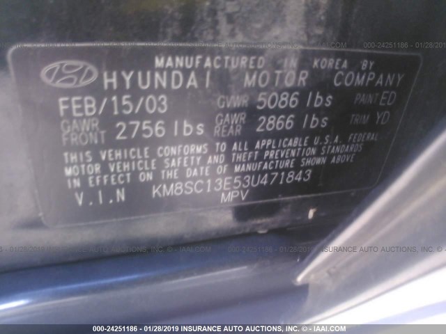 KM8SC13E53U471843 - 2003 HYUNDAI SANTA FE GLS/LX BLACK photo 9