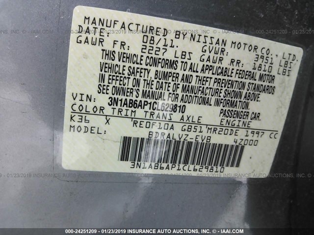 3N1AB6AP1CL629810 - 2012 NISSAN SENTRA 2.0/2.0S/SR/2.0SL GRAY photo 9