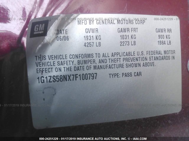 1G1ZS58NX7F100797 - 2007 CHEVROLET MALIBU LS MAROON photo 9