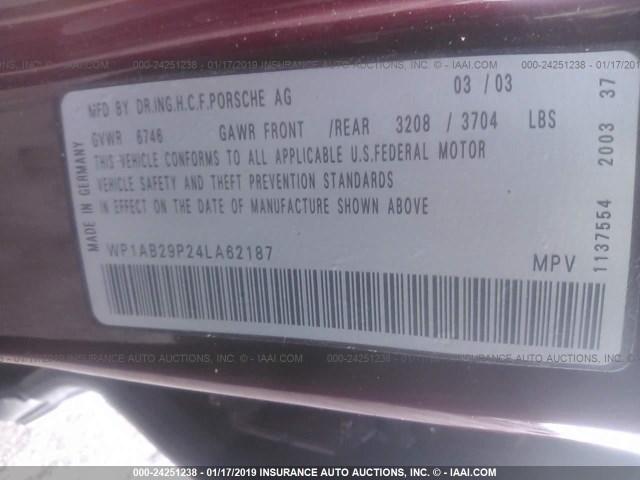 WP1AB29P24LA62187 - 2004 PORSCHE CAYENNE S BURGUNDY photo 9