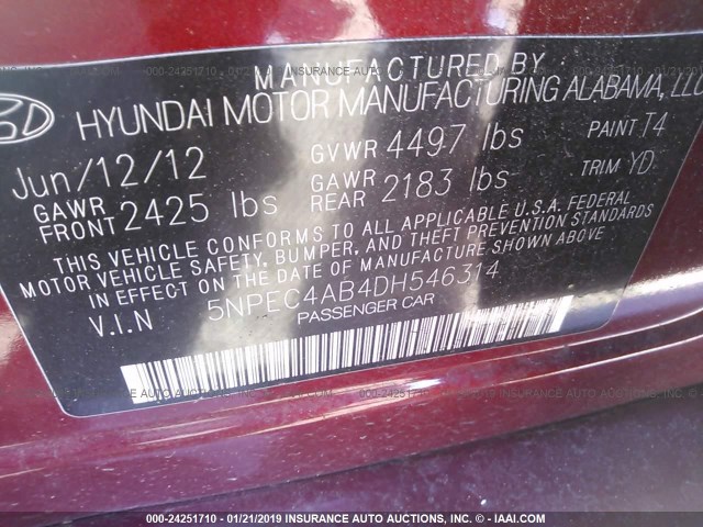 5NPEC4AB4DH546314 - 2013 HYUNDAI SONATA SE/LIMITED RED photo 9