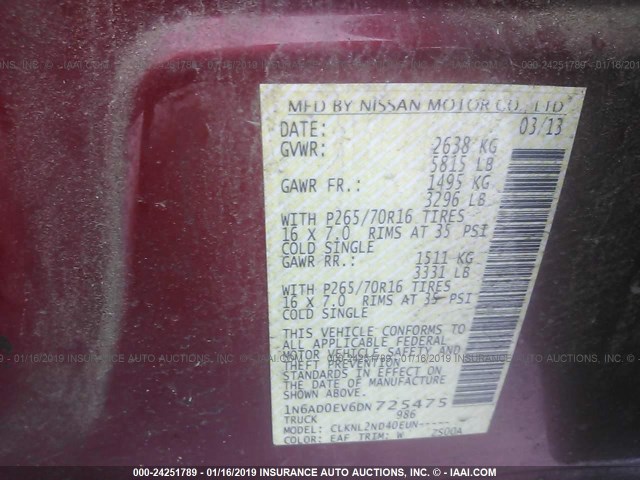 1N6AD0EV6DN725475 - 2013 NISSAN FRONTIER S/SV/SL/PRO-4X RED photo 9