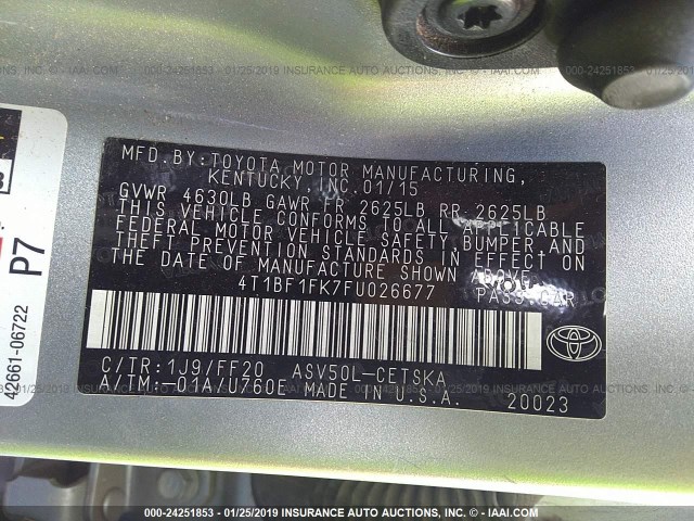 4T1BF1FK7FU026677 - 2015 TOYOTA CAMRY LE/XLE/SE/XSE SILVER photo 9