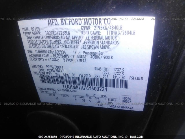 1LNHM87A76Y600234 - 2006 LINCOLN LS BLACK photo 9