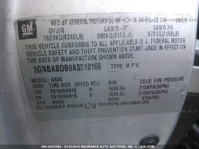 3GNBABDB9AS510166 - 2010 CHEVROLET HHR LT SILVER photo 9