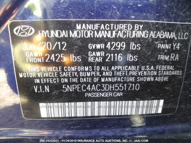 5NPEC4AC3DH551710 - 2013 HYUNDAI SONATA SE/LIMITED BLUE photo 9