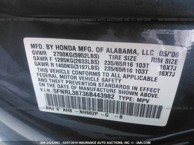 5FNRL38736B443982 - 2006 HONDA ODYSSEY EXL GRAY photo 9