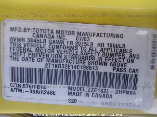 2T1KR32E14C198513 - 2004 TOYOTA COROLLA MATRIX XR YELLOW photo 9