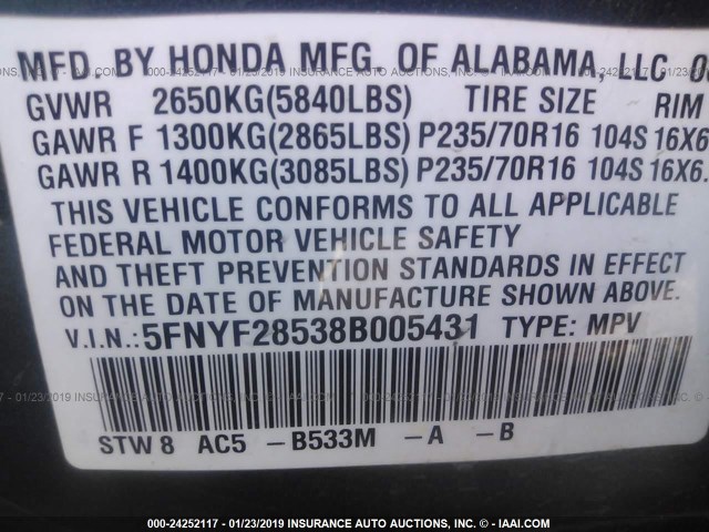 5FNYF28538B005431 - 2008 HONDA PILOT EXL GRAY photo 9