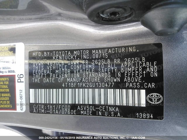 4T1BF1FK2GU130477 - 2016 TOYOTA CAMRY LE/XLE/SE/XSE GRAY photo 9