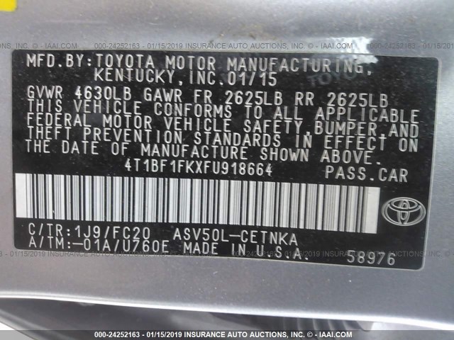 4T1BF1FKXFU918664 - 2015 TOYOTA CAMRY LE/XLE/SE/XSE SILVER photo 9
