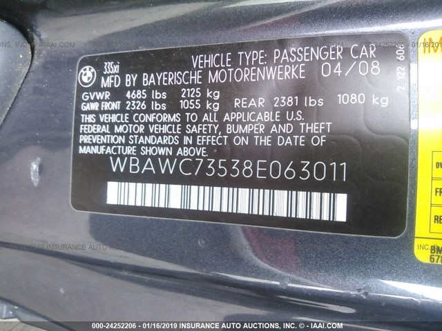 WBAWC73538E063011 - 2008 BMW 335 XI GRAY photo 9