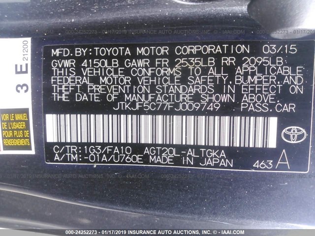 JTKJF5C77FJ009749 - 2015 TOYOTA SCION TC ნაცრისფერი ფოტო 9