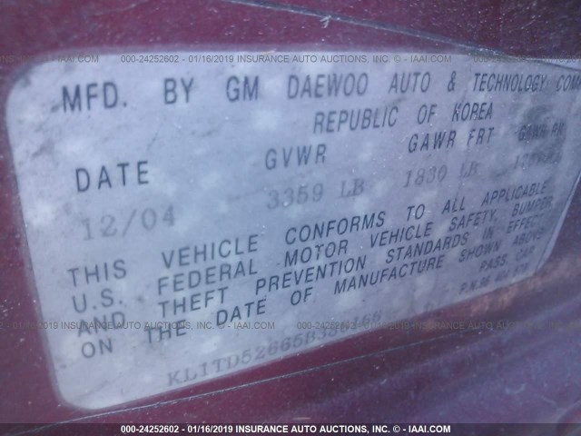 KL1TD52665B386166 - 2005 CHEVROLET AVEO LS RED photo 9