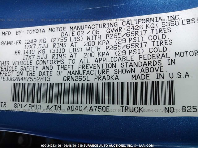 5TEJU62N48Z552813 - 2008 TOYOTA TACOMA DOUBLE CAB PRERUNNER BLUE photo 9