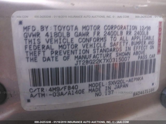 JT2BG22K7X0315007 - 1999 TOYOTA CAMRY LE/XLE GOLD photo 9