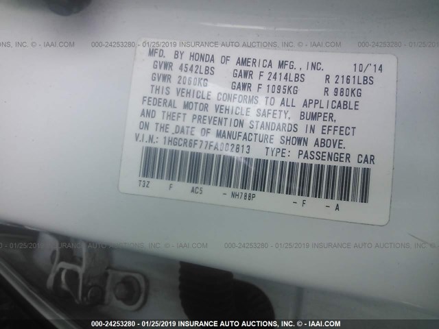 1HGCR6F77FA002813 - 2015 HONDA ACCORD HYBRID/TOURING WHITE photo 9